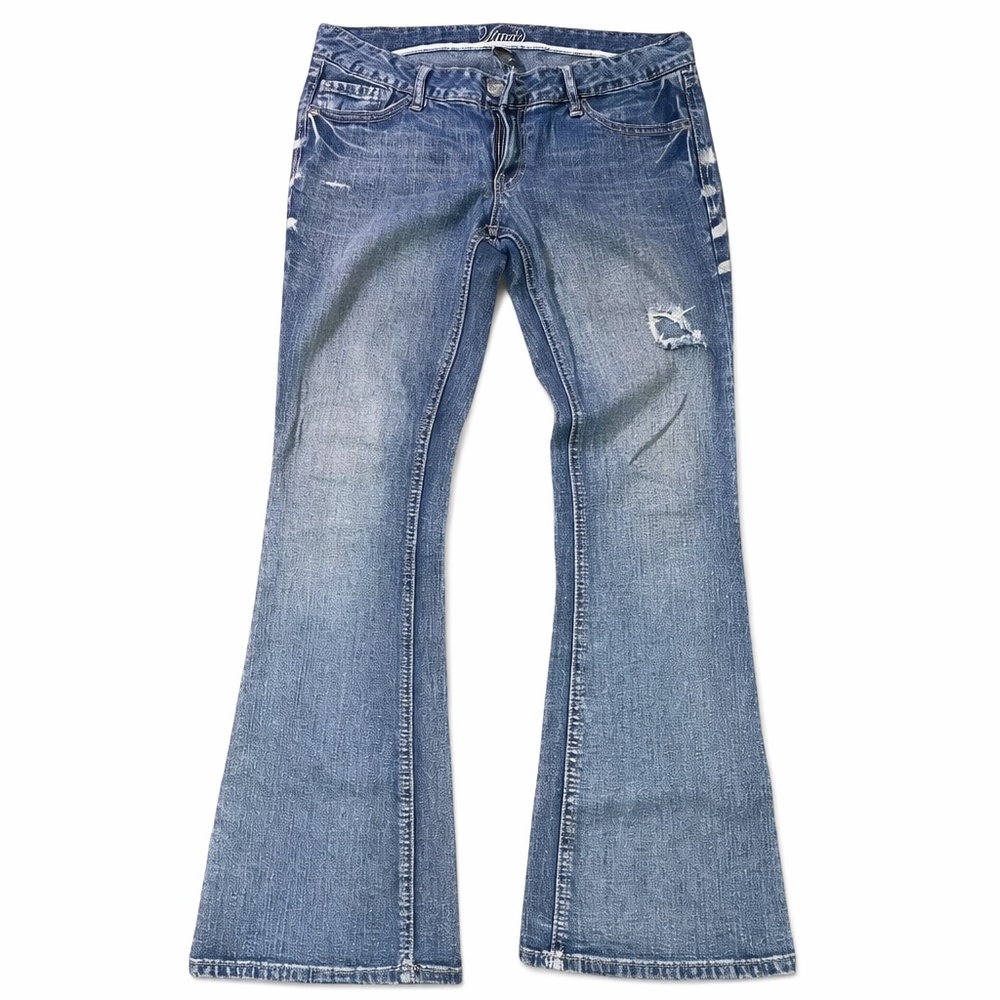 Y2K Vanity Jeans Womens Kennedy Low Rise Flare Wide Leg Distressed Dark Denim
